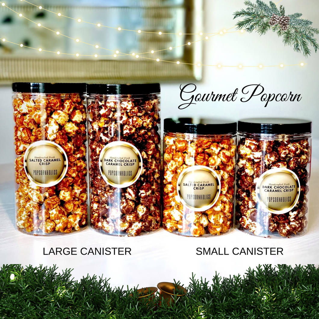 Three canisters of Gourmet Popcorn in different sizes placed side by side. Each canister has a label indicating a different flavor, such as Large Caramel, Small Caramel, and Gourmet Caramel.